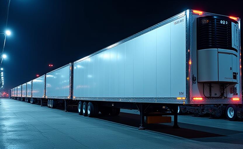 High-end refrigerated trailer fleet parked at night