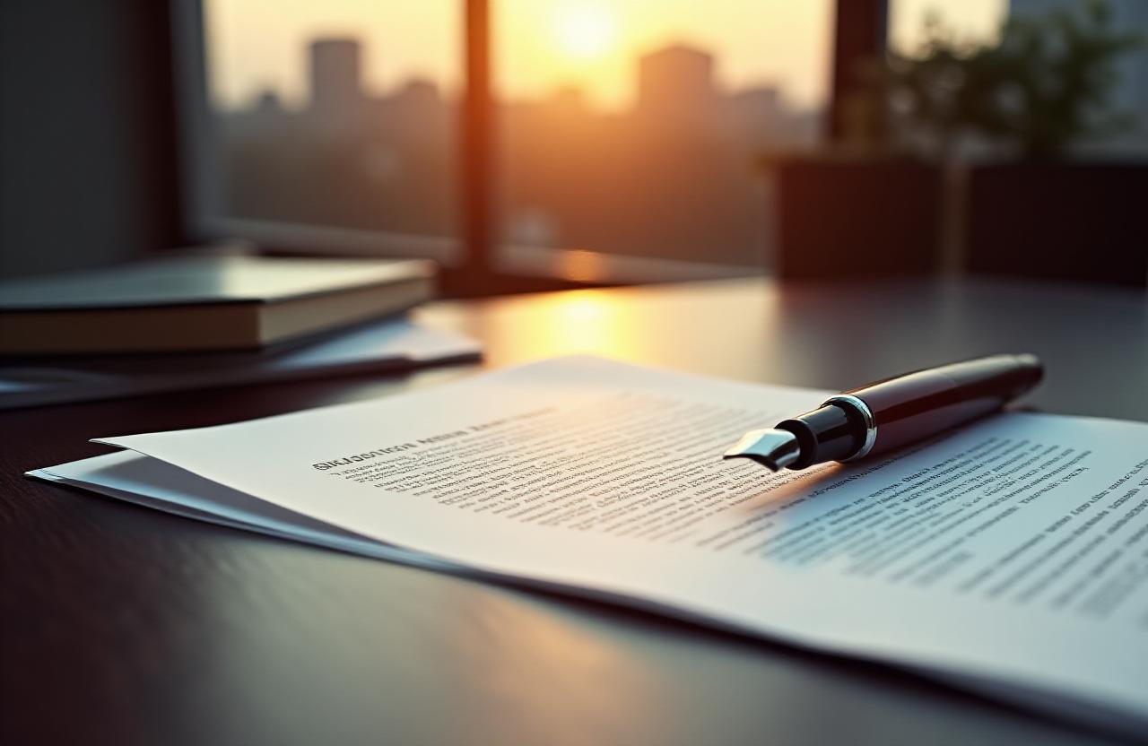 Close up of a legal contract on a premium dark wood desk with dramatic lighting